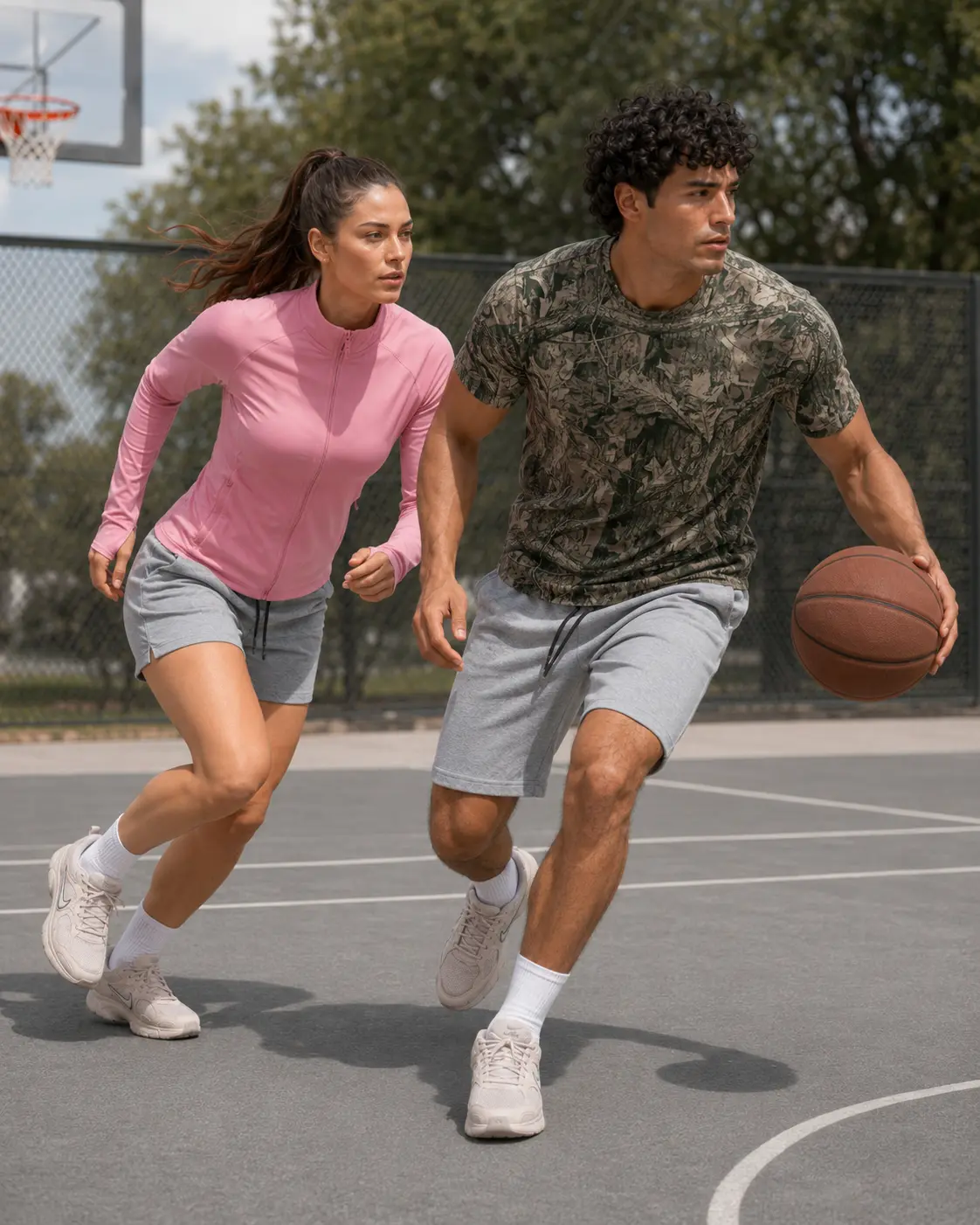 Two models playing basketball on an outdoor court in WSS training kit