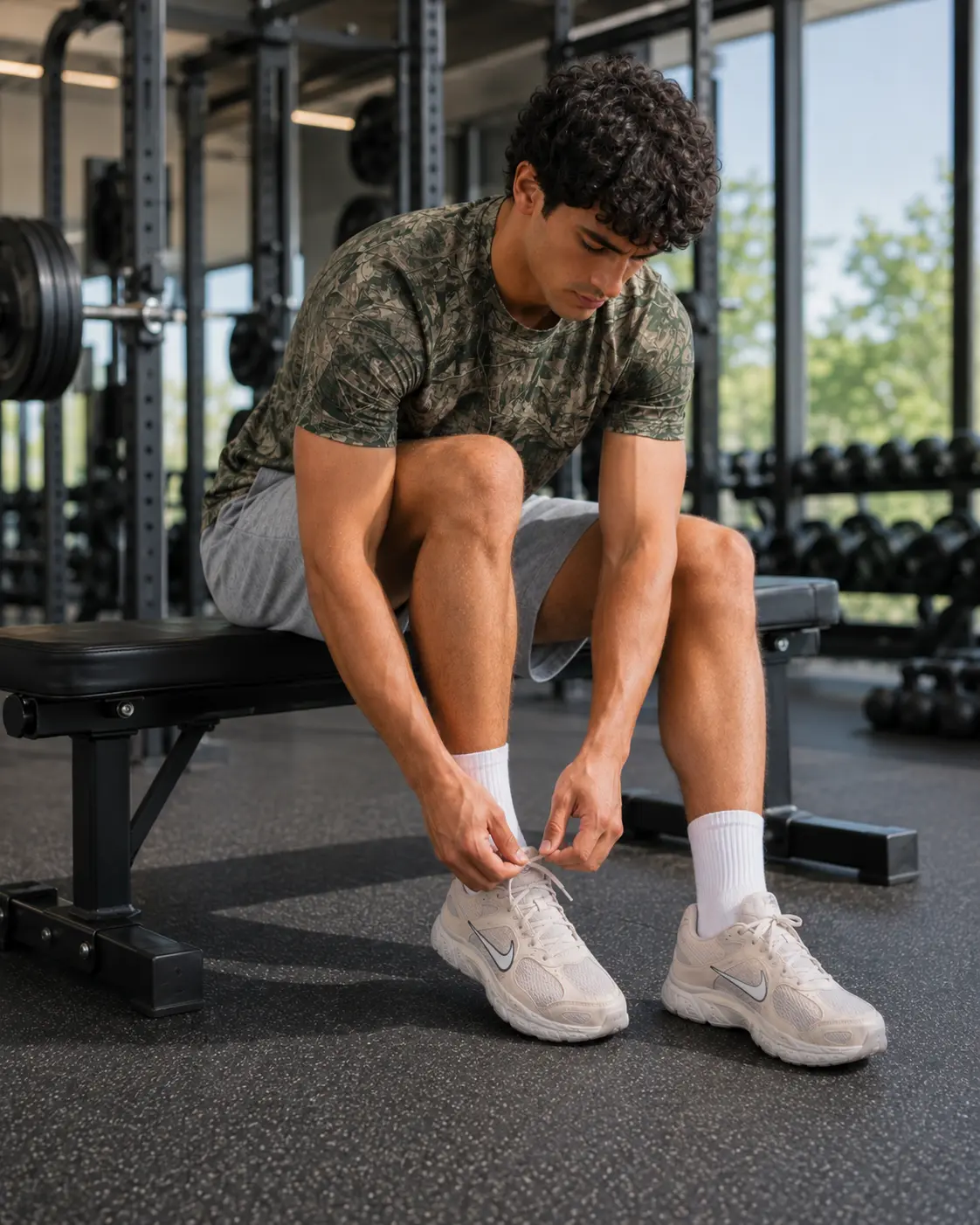 Model lacing Nike V5 RNR trainers on a gym bench in camo tee