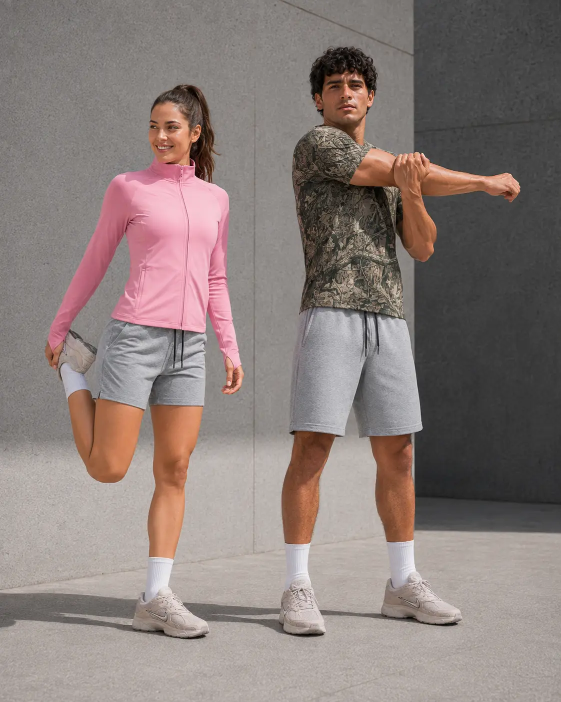 Two models stretching against a concrete wall in WSS training kit
