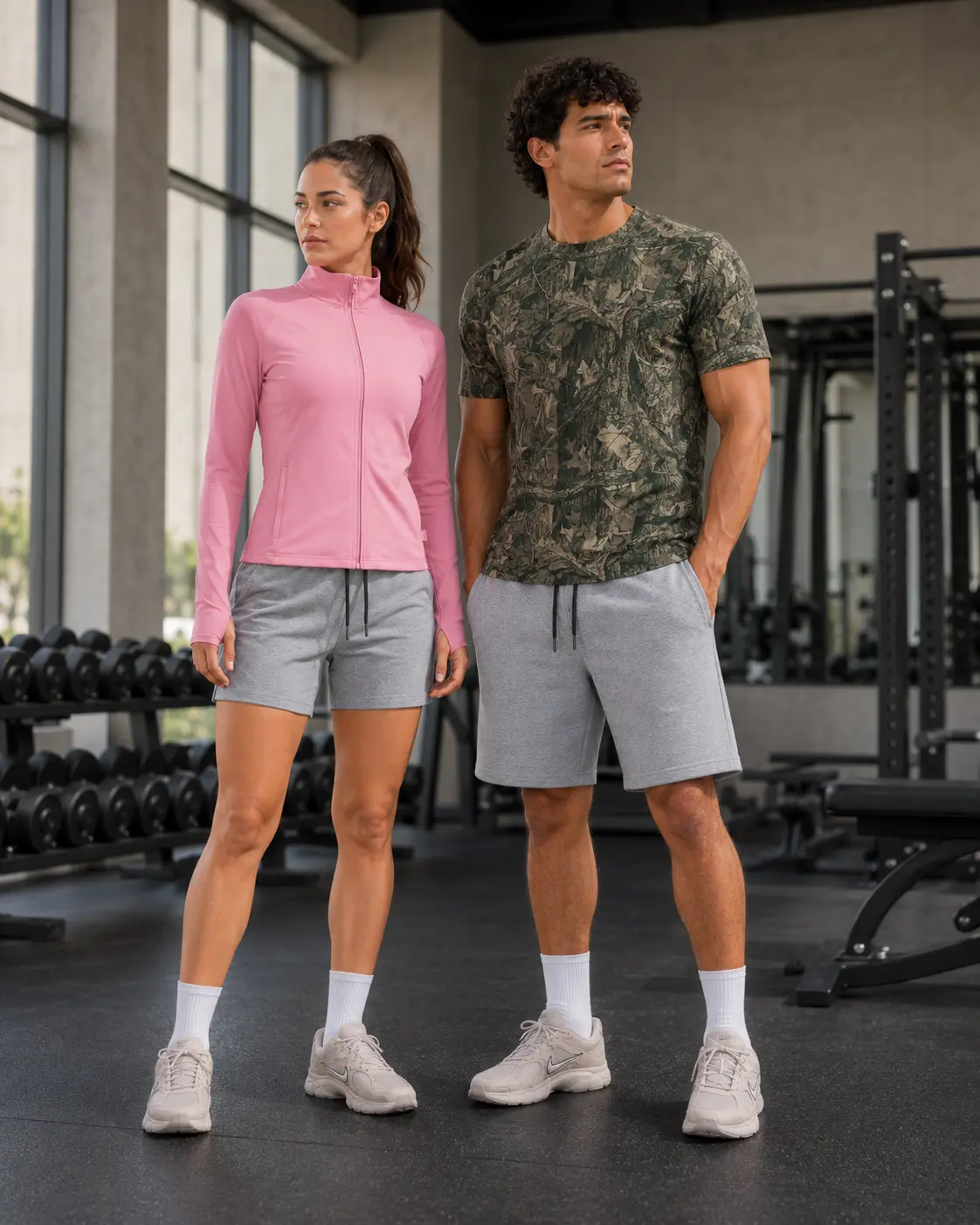 Two models standing in a weight room in pink jacket and camo tee