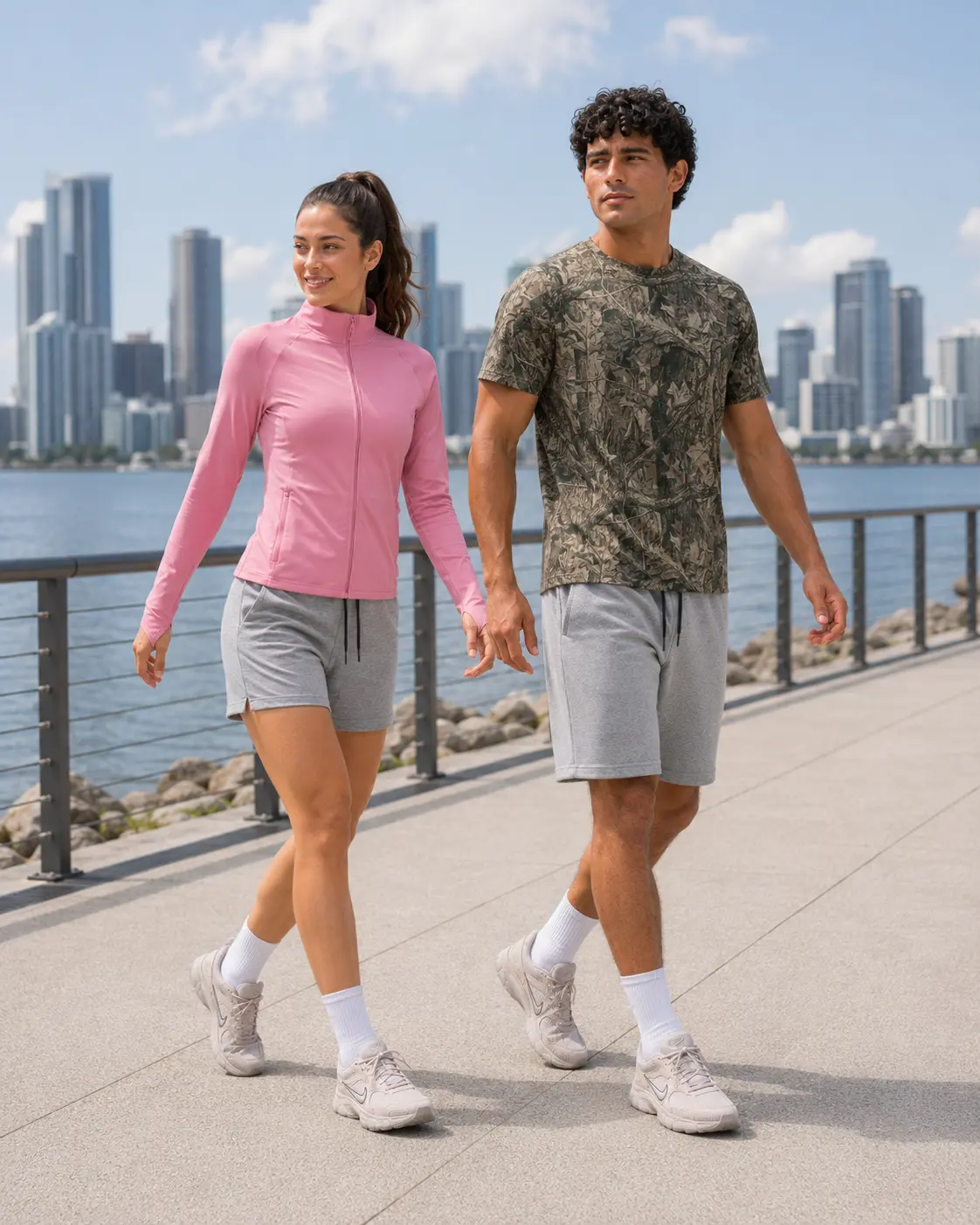 Two models walking a waterfront promenade with a city skyline behind them