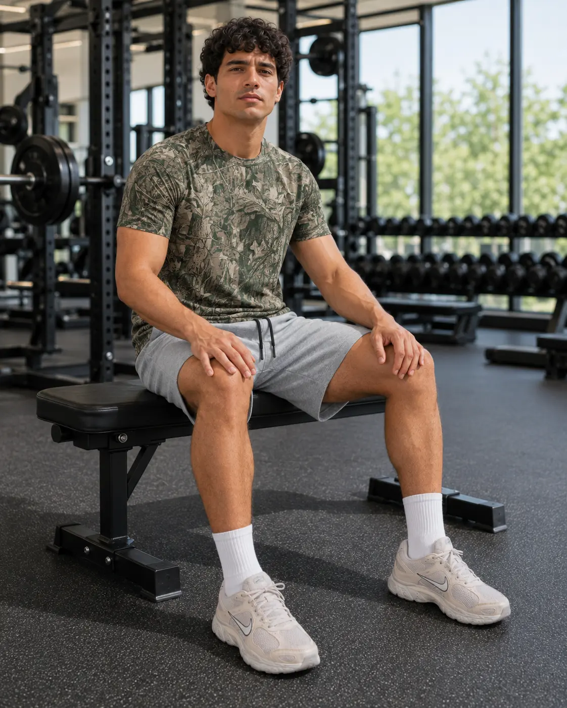 Model seated on a gym bench in camo tee and grey training shorts