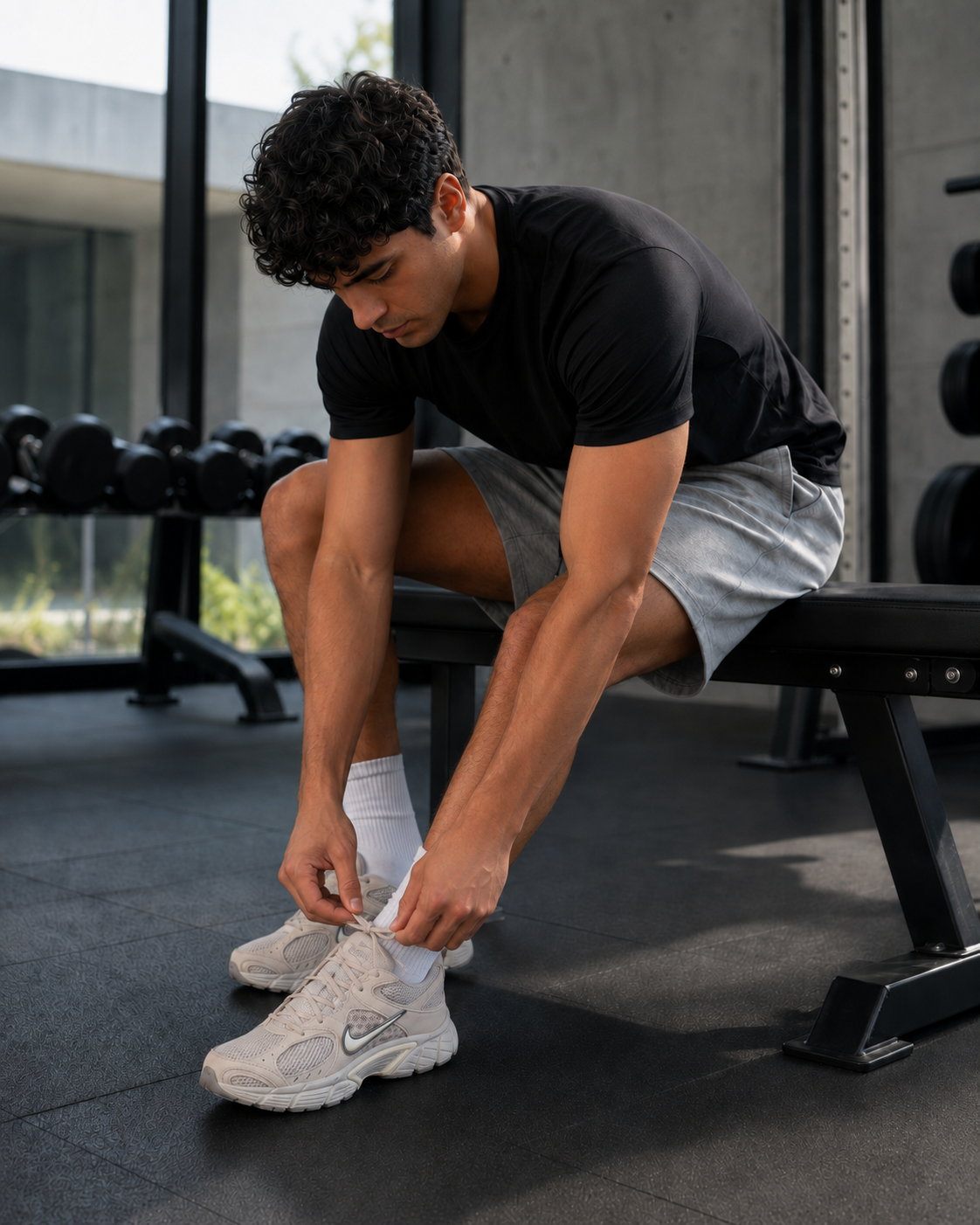 Model lacing Nike V5 RNR trainers on a gym bench in grey training shorts