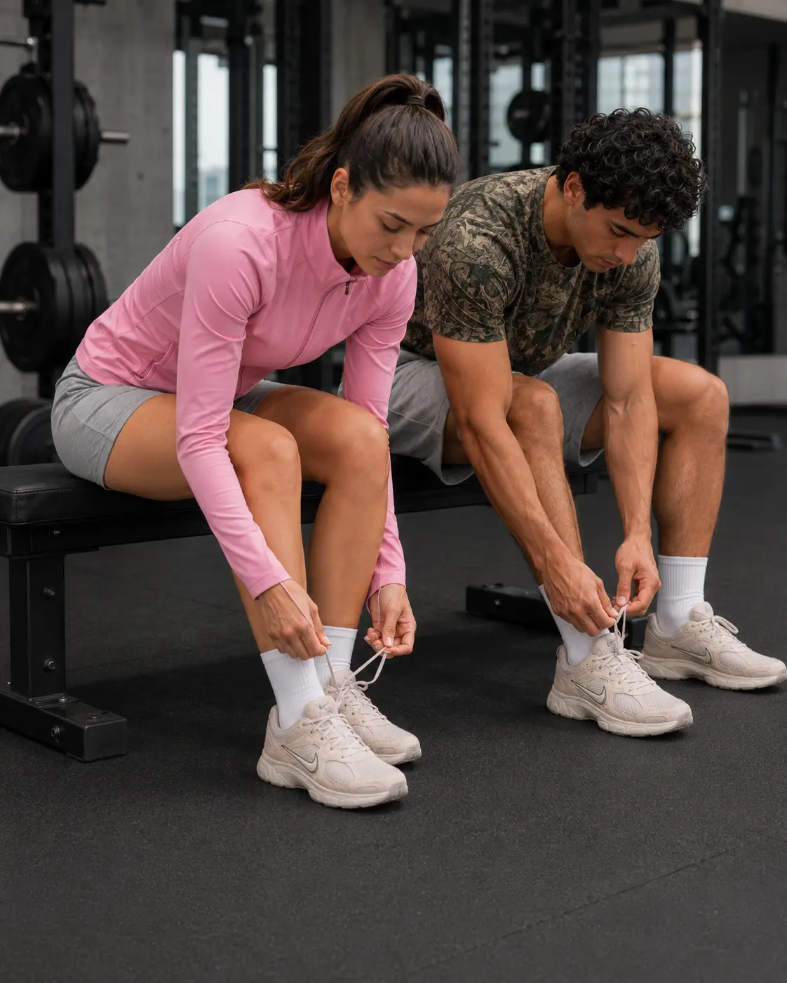 Two models lacing Nike V5 RNR trainers on a gym bench