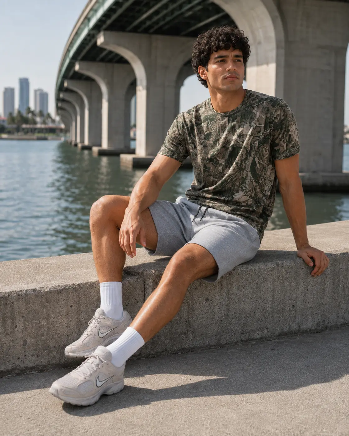 Model seated on a seawall under a bridge in camo tee and grey shorts