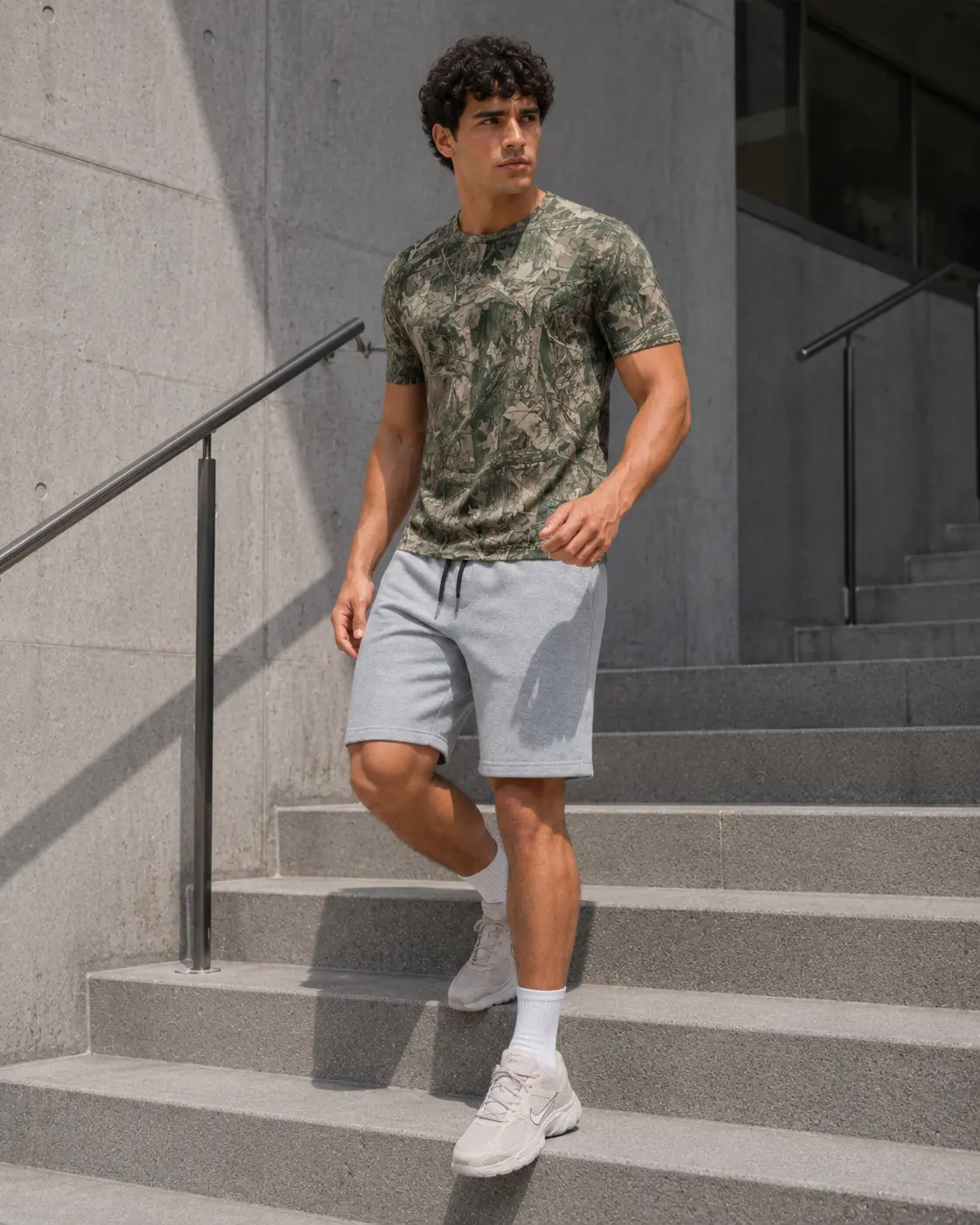 Model walking down stairs beside a handrail in camo tee