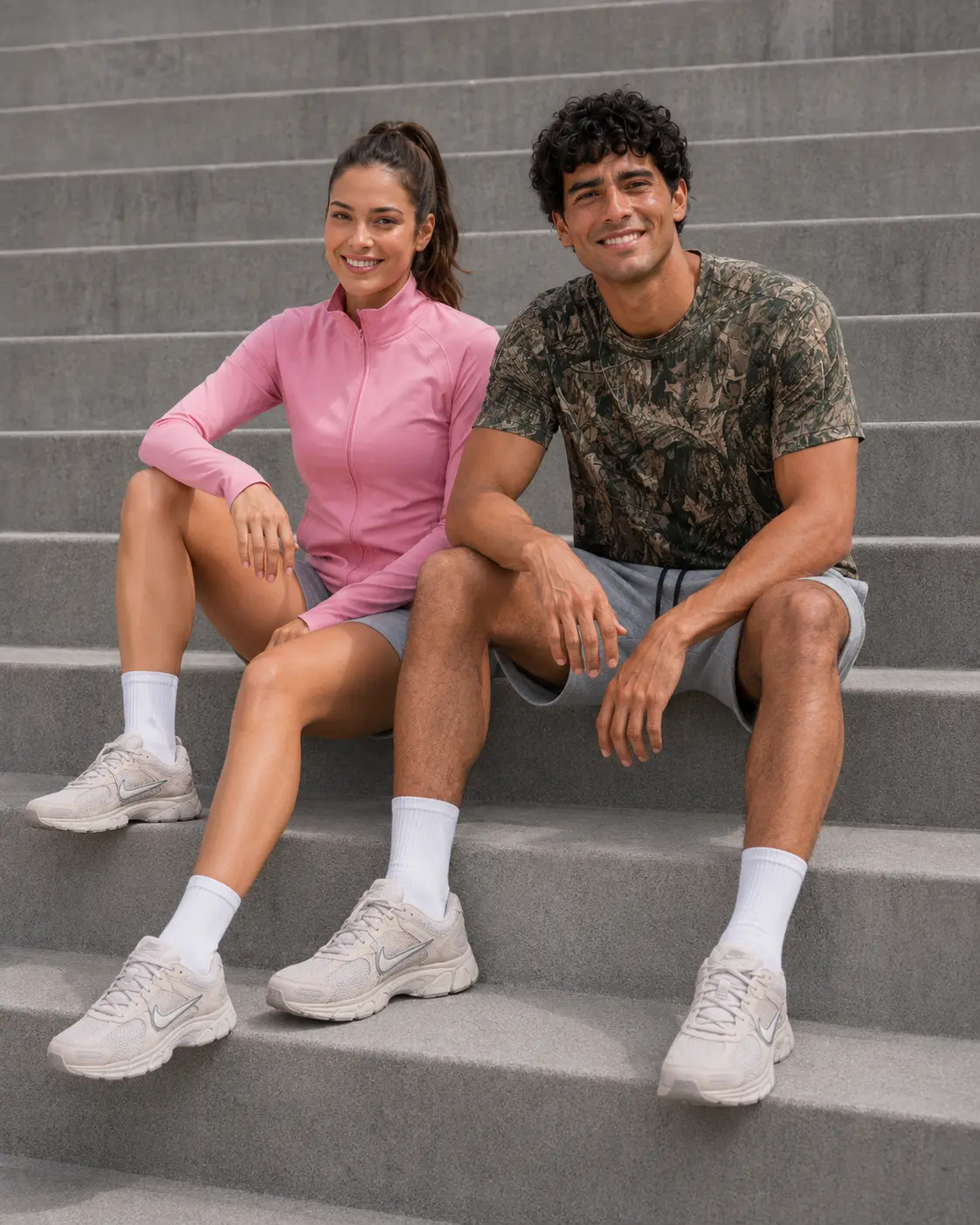 Two models seated on concrete stadium stairs in WSS training kit