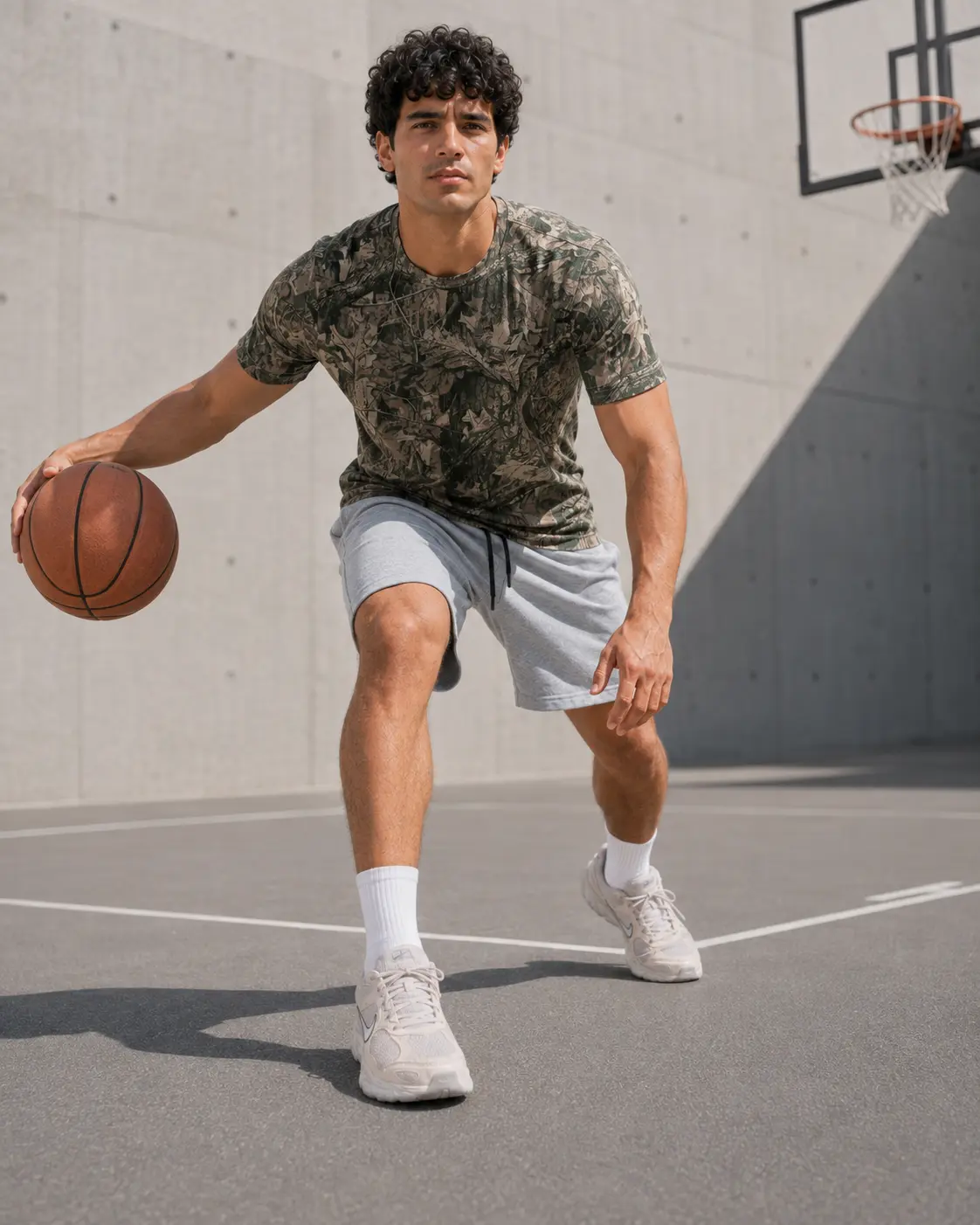 Model dribbling a basketball on an outdoor court in camo tee
