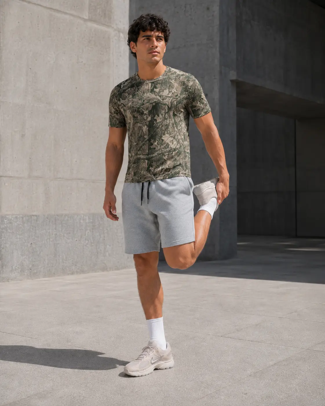Model stretching a quad against a concrete wall in camo tee