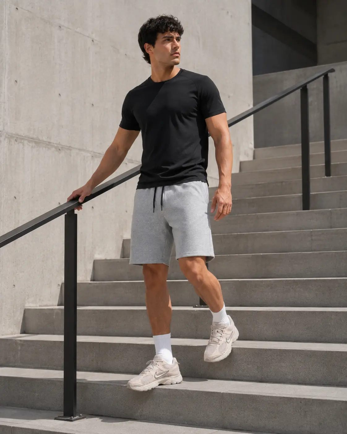 Model walking down concrete stairs in grey training shorts and Nike trainers
