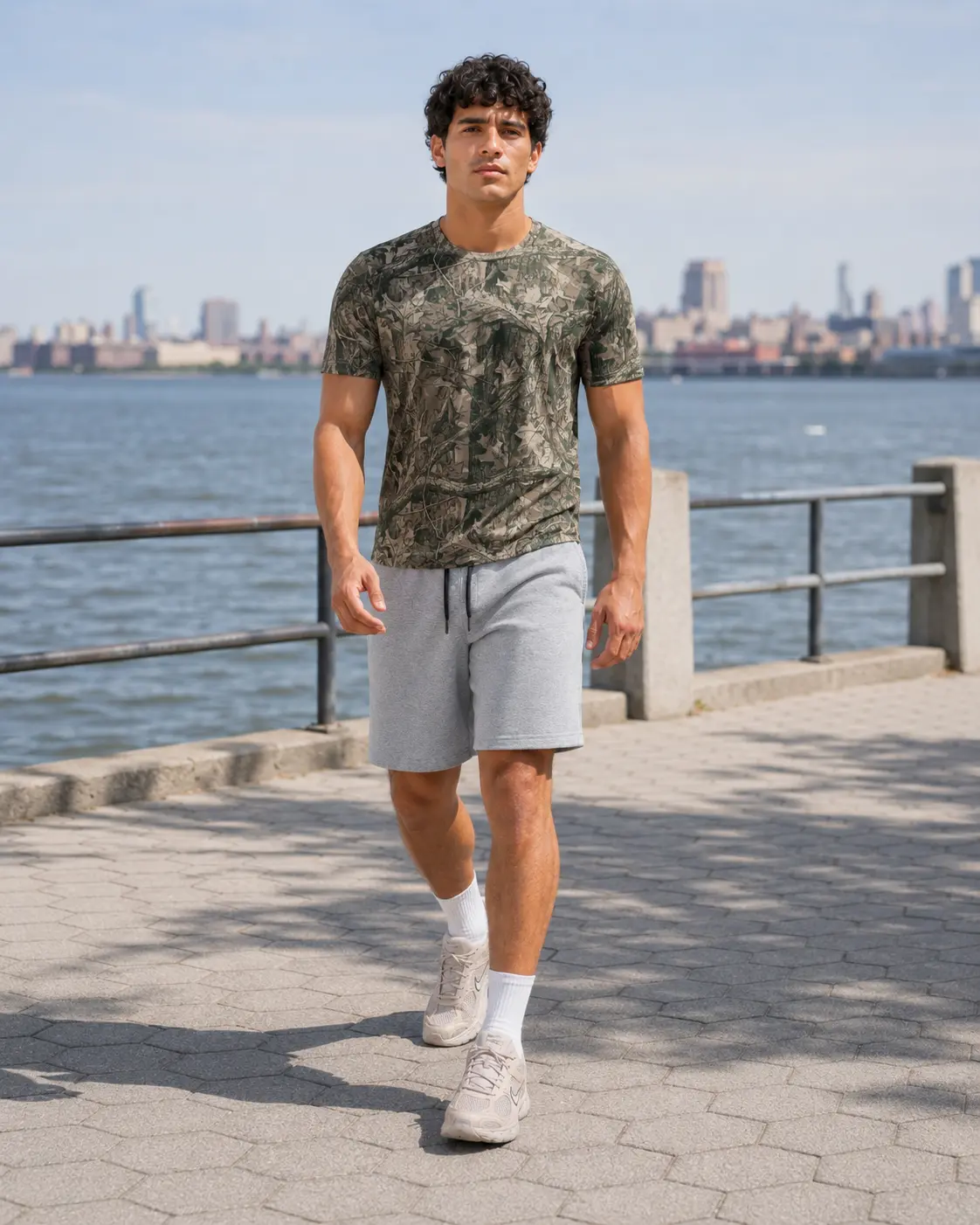 Model walking a riverside promenade with city skyline in camo tee