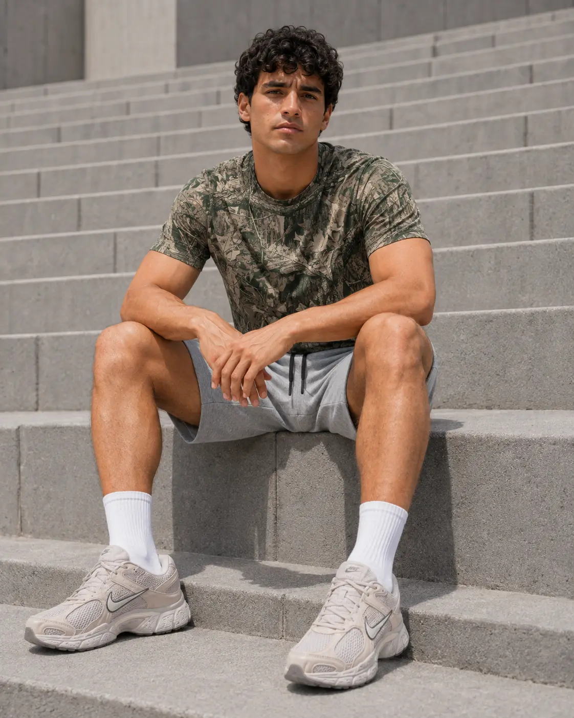 Model seated on stadium stairs in camo tee and grey shorts