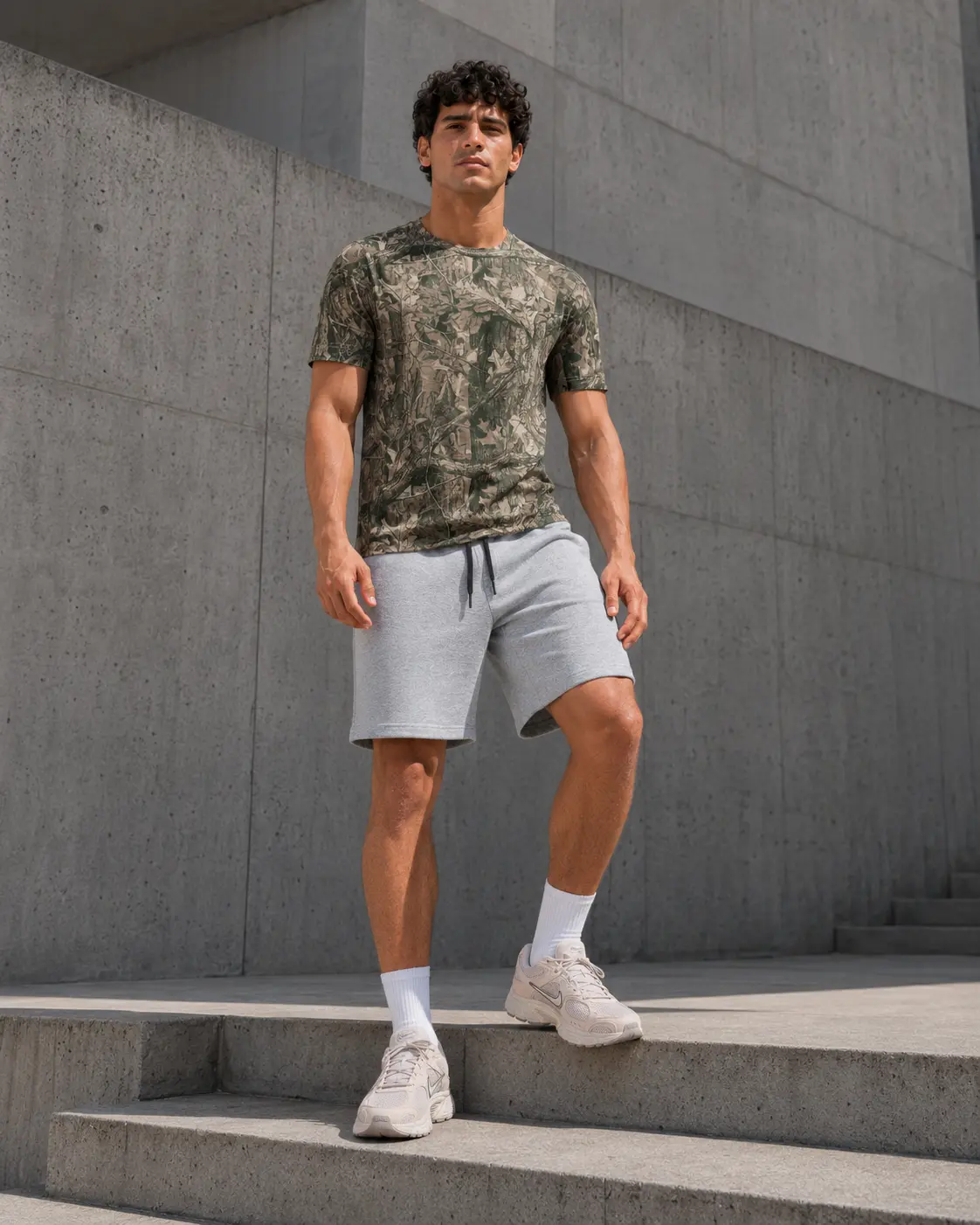 Model in performance camo tee and grey training shorts on concrete steps