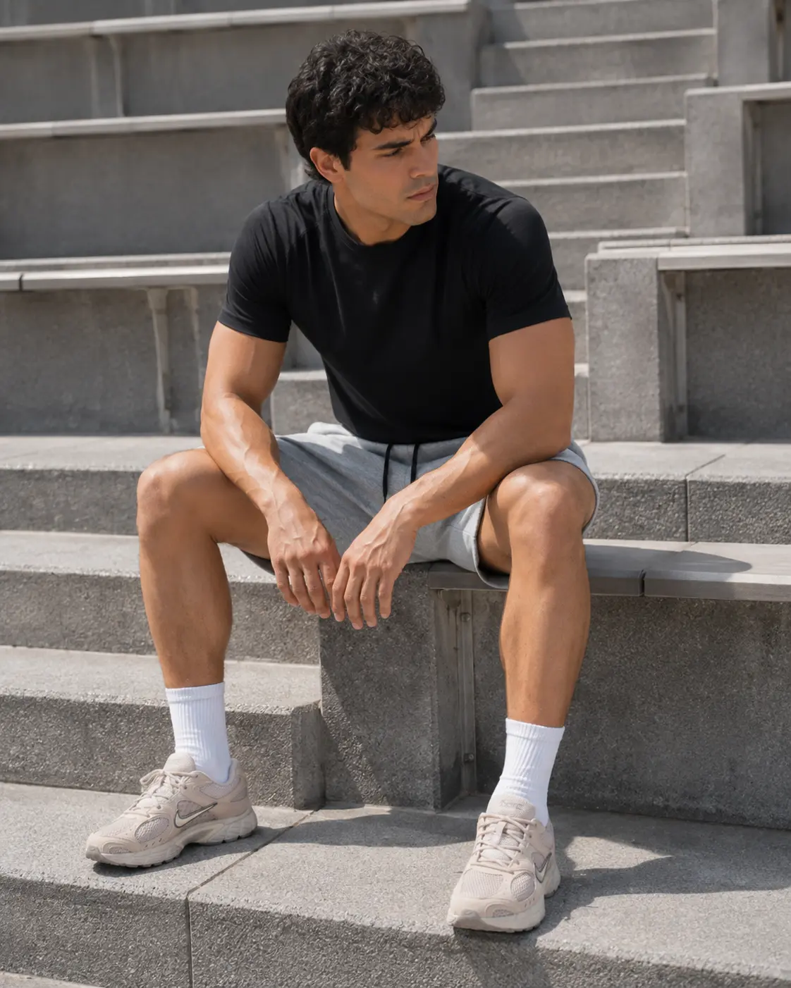 Model seated on stadium steps in grey training shorts and Nike V5 RNR trainers