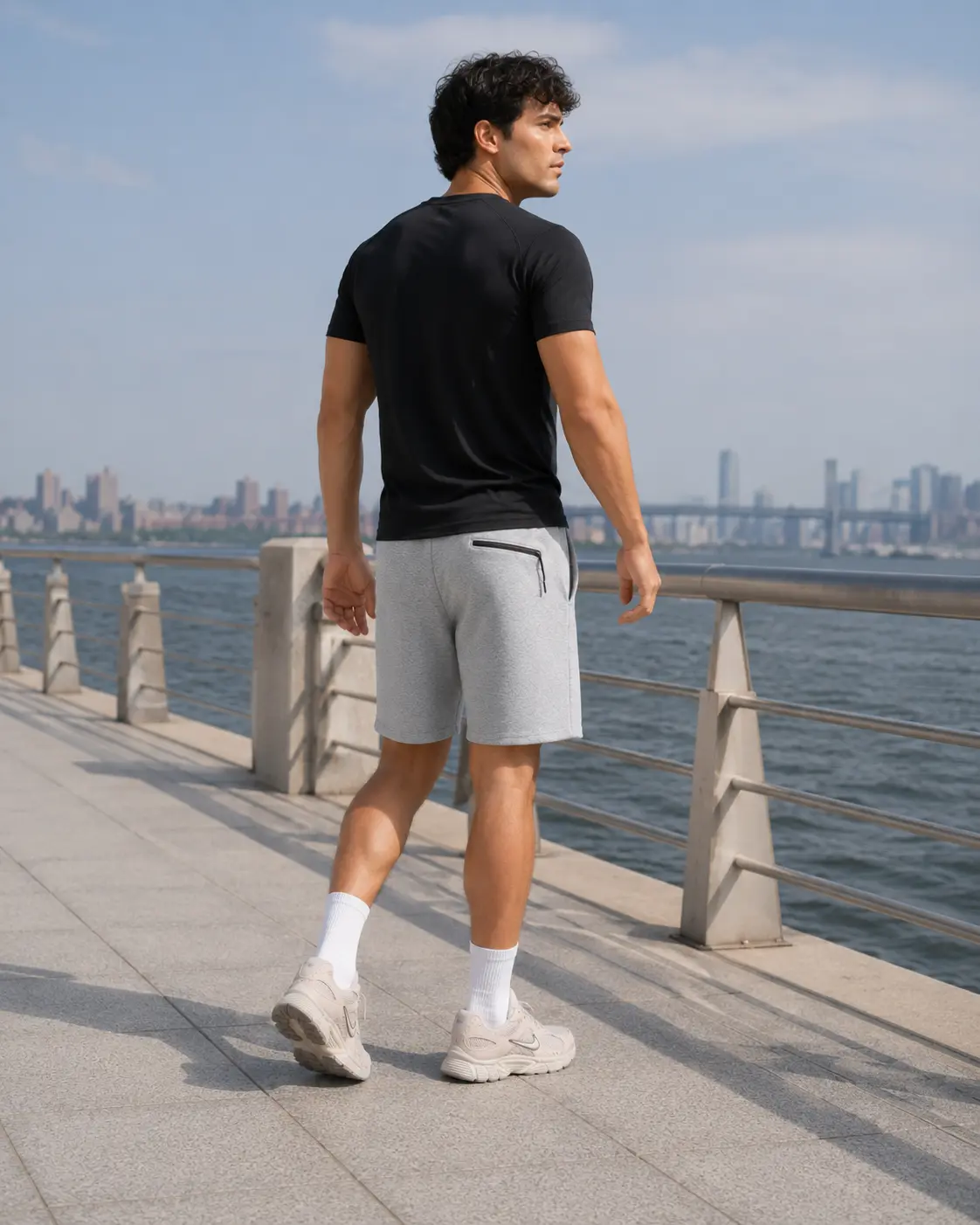 Back view of grey training shorts on a waterfront promenade with city skyline