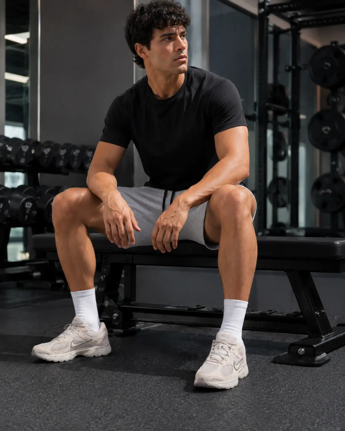 Model seated on a gym bench in grey training shorts and Nike V5 RNR trainers