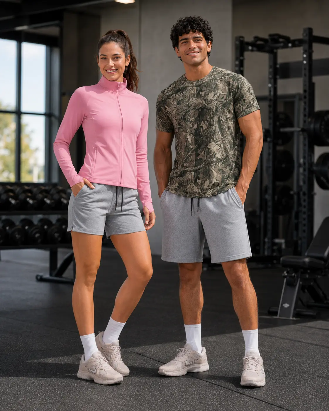 Two models posing together on a gym floor by the dumbbell rack
