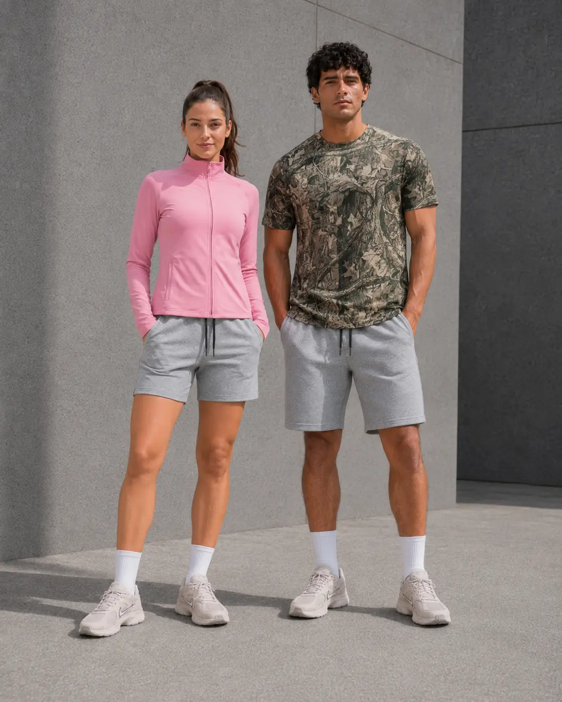 Two models in pink track jacket and camo tee with grey training shorts against a concrete wall