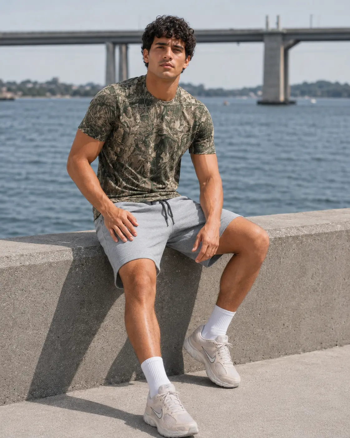 Model seated on a coastal seawall in camo tee and grey training shorts