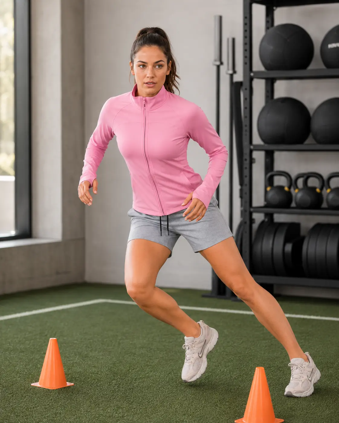 Model running cone drills on turf in pink track jacket