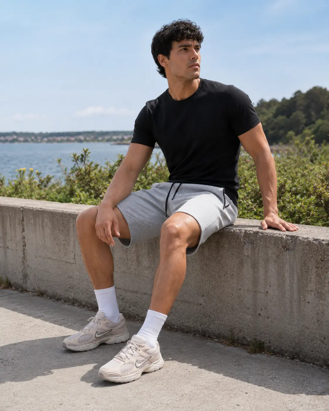Model seated on a seawall by the coast in grey training shorts and Nike trainers