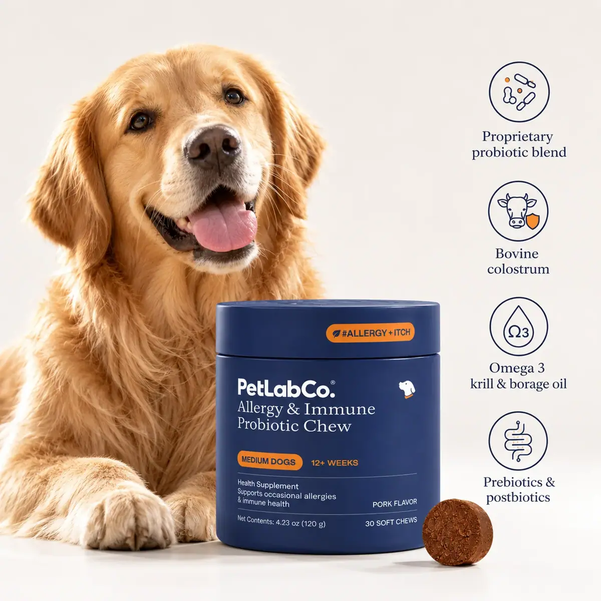 Ingredient callouts for probiotics, prebiotics, postbiotics, colostrum, krill and borage oil