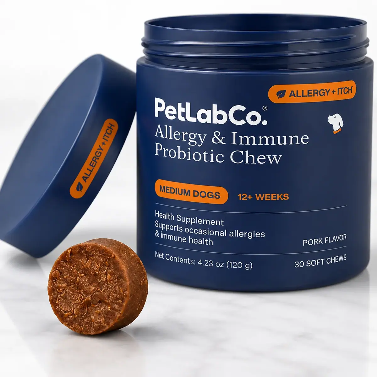 Macro product shot of the open PetLabCo. tub with a soft chew
