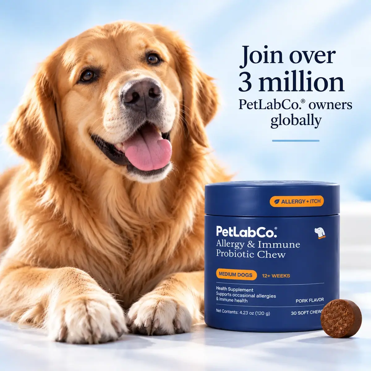 PetLabCo. Allergy & Immune chews with 3 million pet owners social proof message