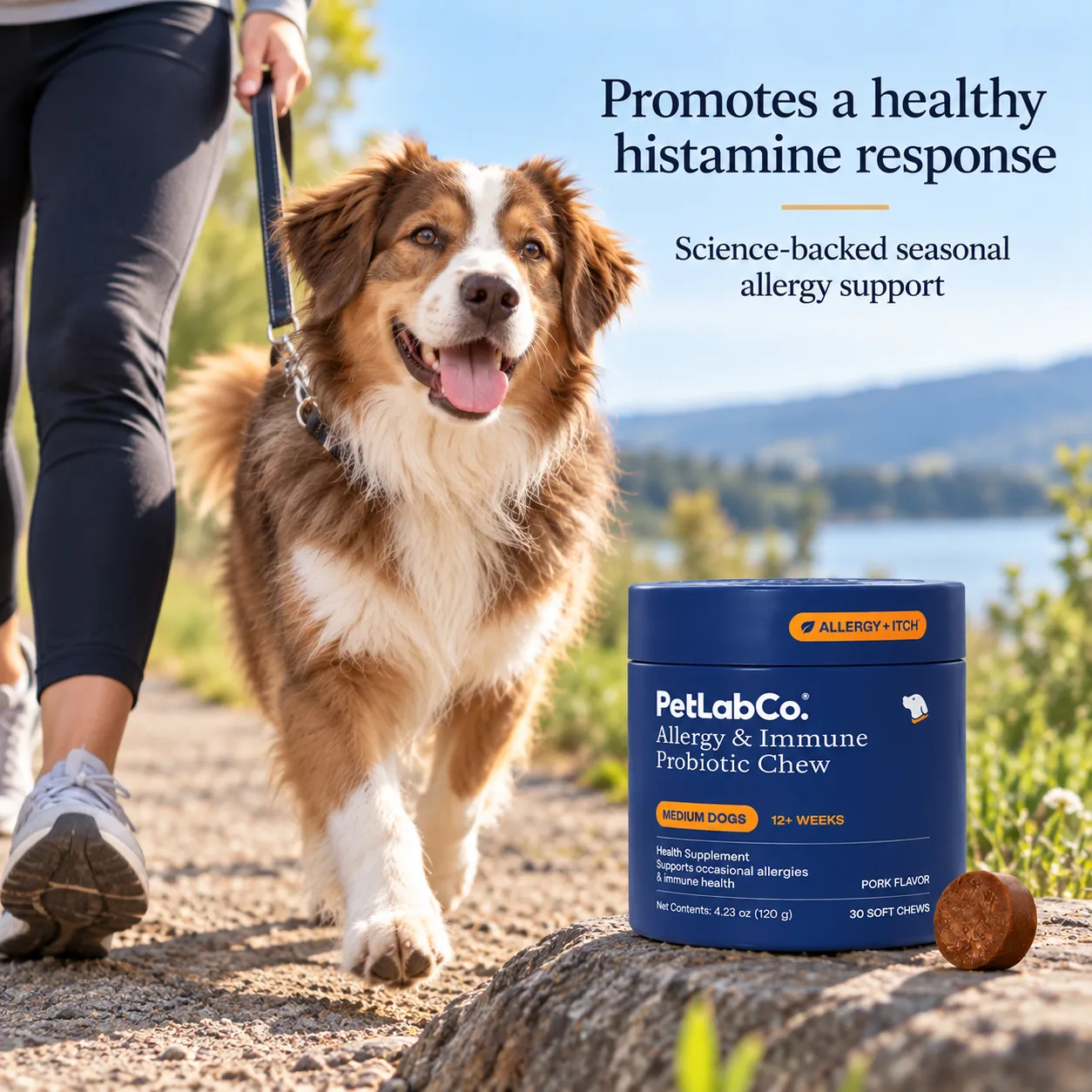 Collie walking on leash with healthy histamine response message
