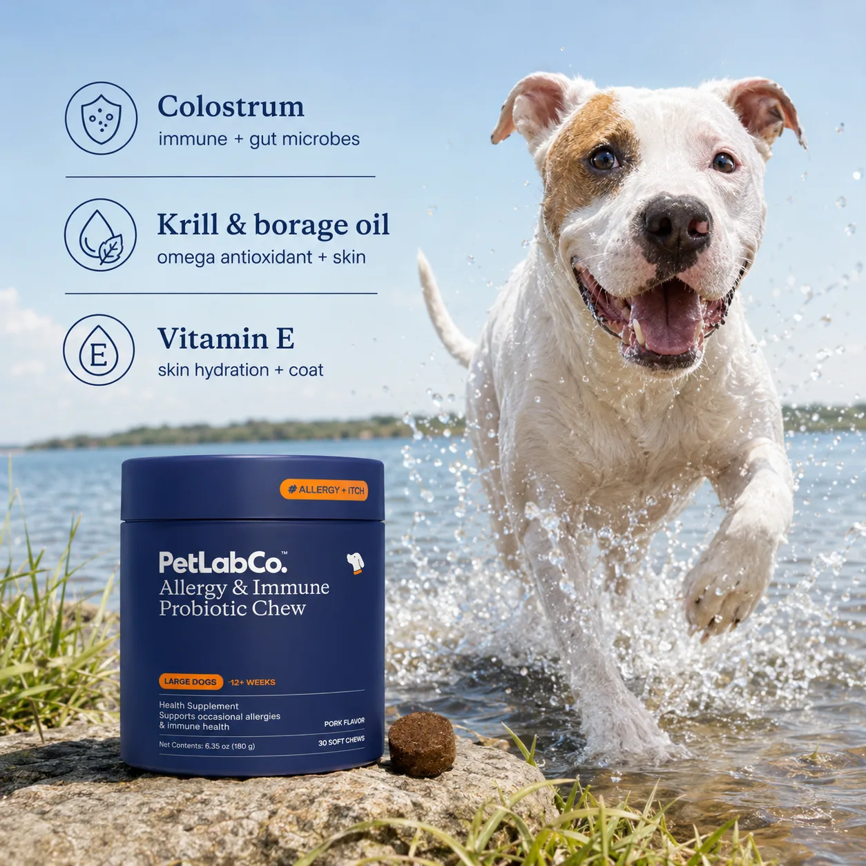 Large dog running through water beside colostrum, krill and borage oil, and vitamin E callouts