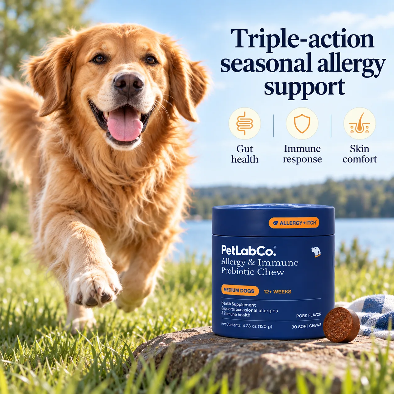 Triple-action seasonal allergy support banner covering gut health, immune response and skin comfort
