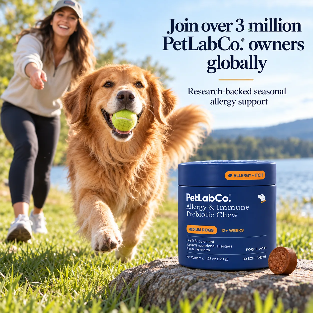 Owner and golden retriever playing fetch with join over 3 million PetLabCo. owners message