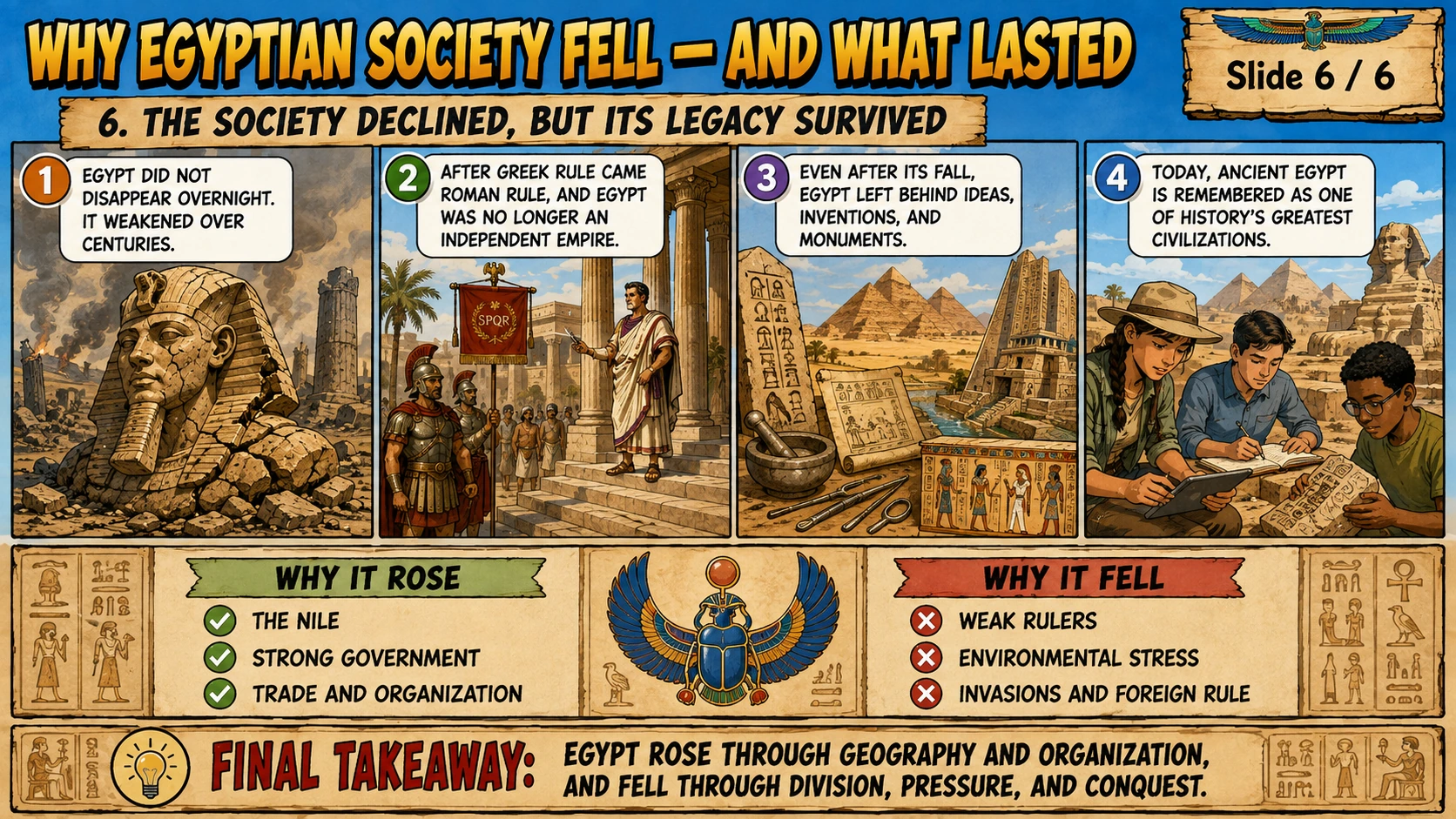 Illustrated slide summarising why Egyptian society fell and what lasted