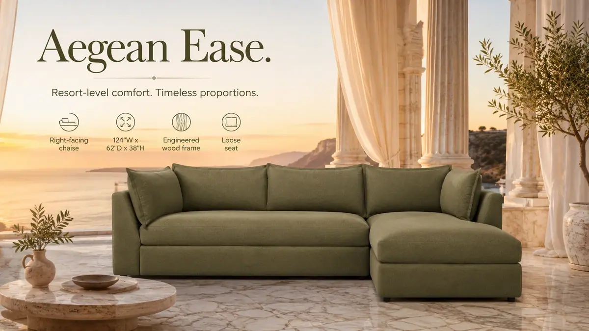 Wilder Sleeper Sectional on a marble terrace above the Aegean at sunset