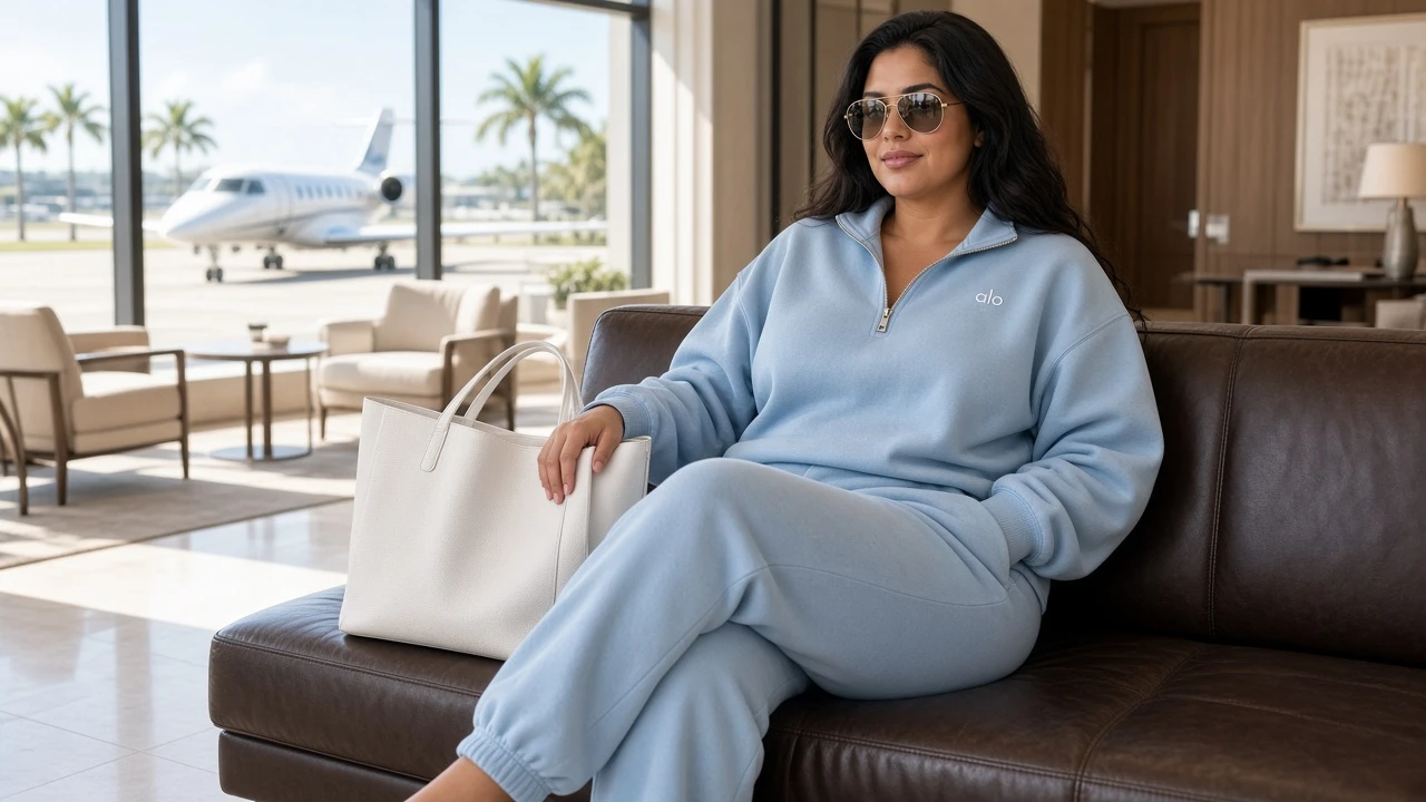 Model in a blue quarter-zip set in an airport lounge