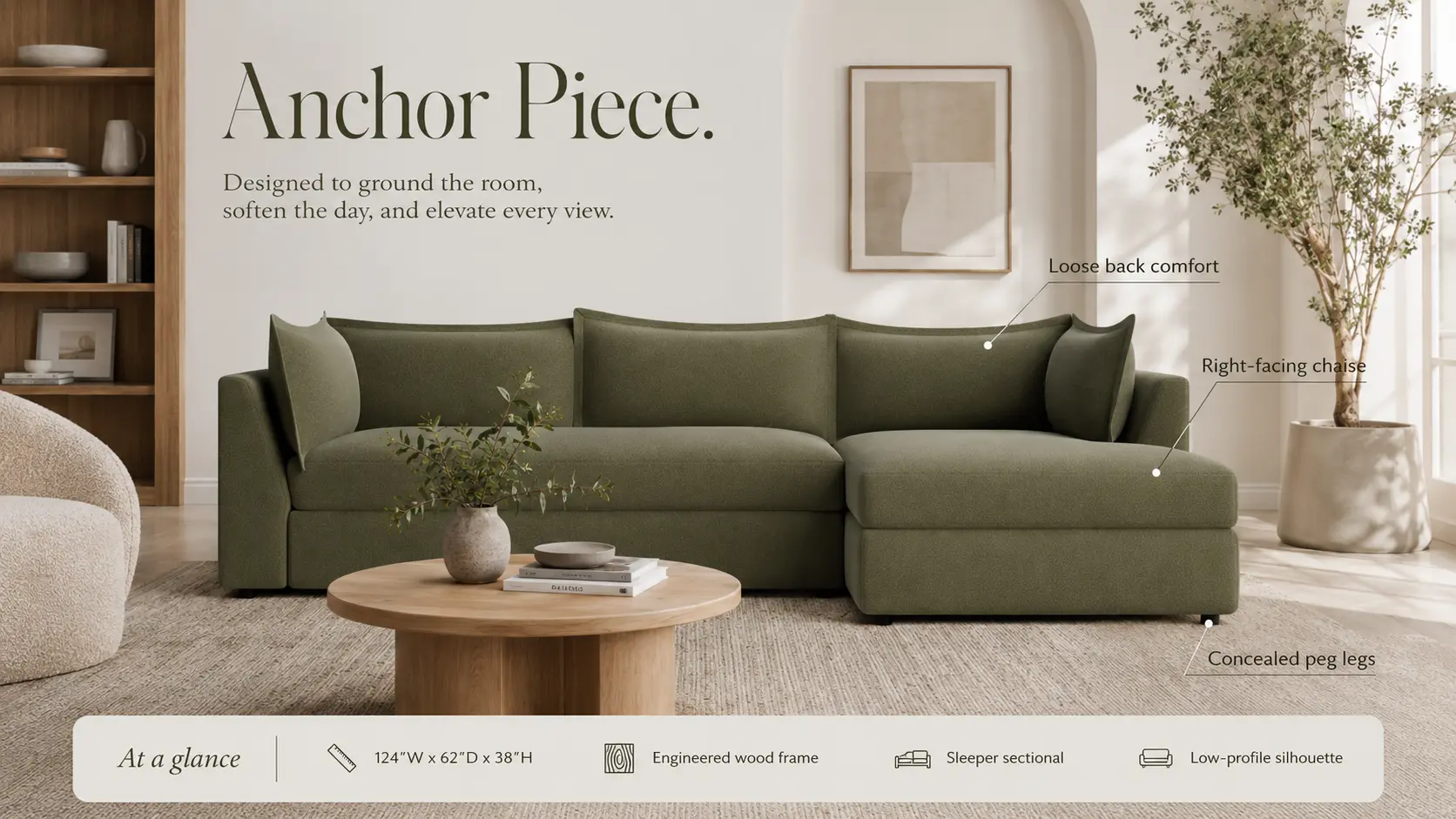 Joybird Wilder Sleeper Sectional in a light-filled living room with feature callouts