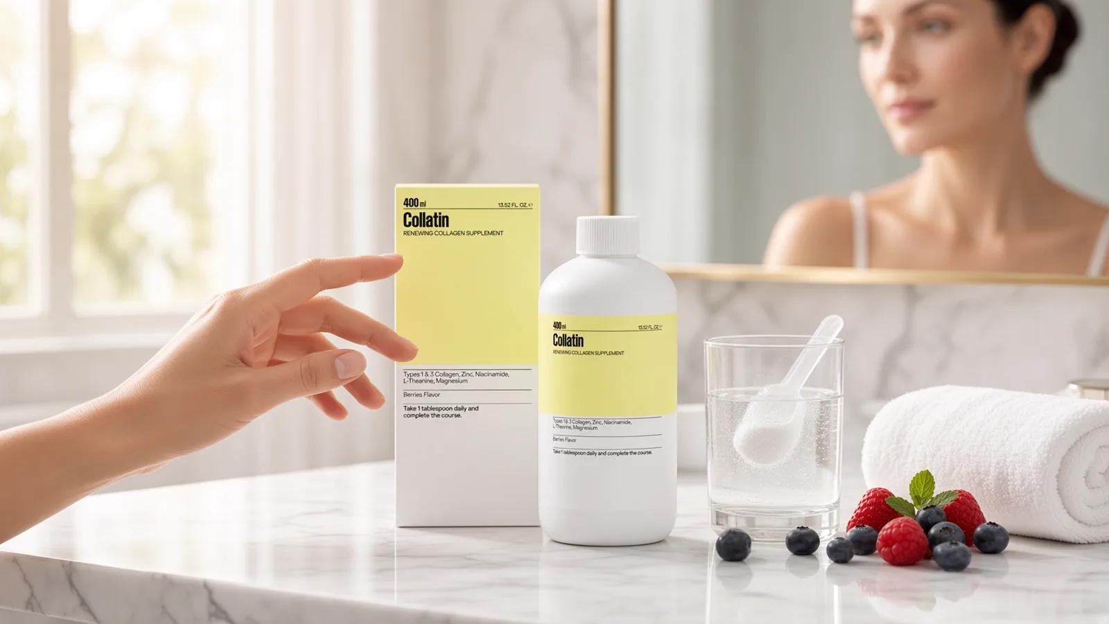 Collatin bottle and carton on a marble bathroom counter with berries and a dosing spoon