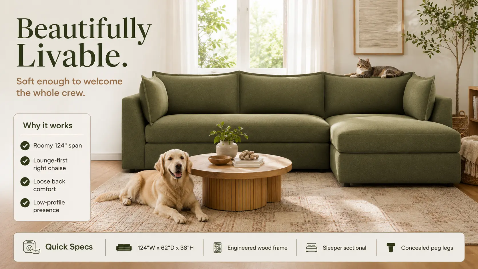 Wilder Sleeper Sectional in a bright pet-friendly living room