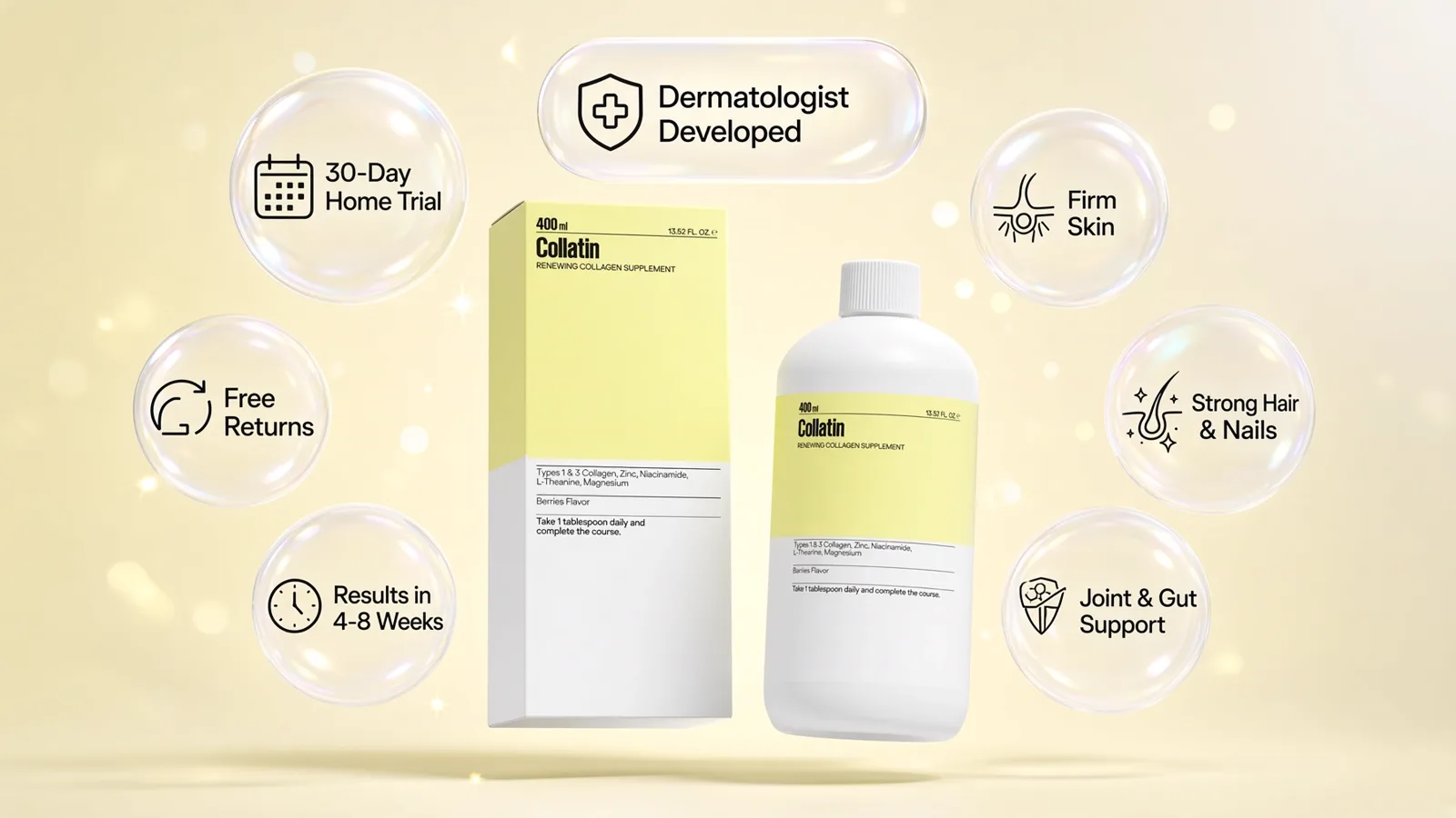 Collatin benefit bubble module with dermatologist developed and firm skin claims