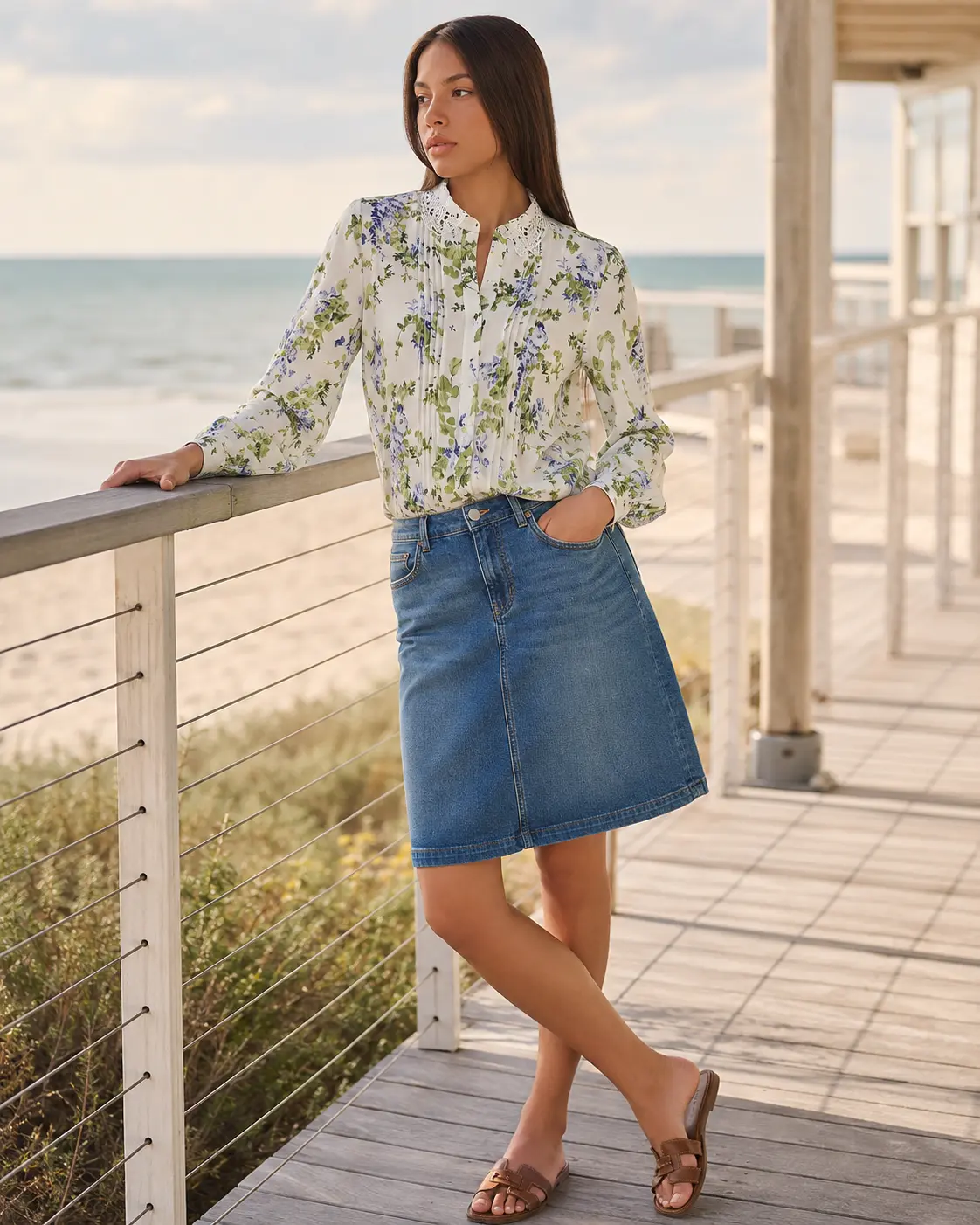 Model in a floral pintuck blouse on a beachfront boardwalk