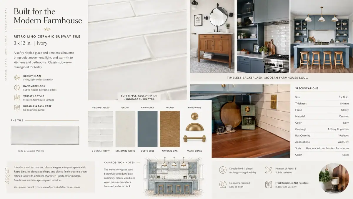 Retro Lino spec sheet layout — Built for the Modern Farmhouse