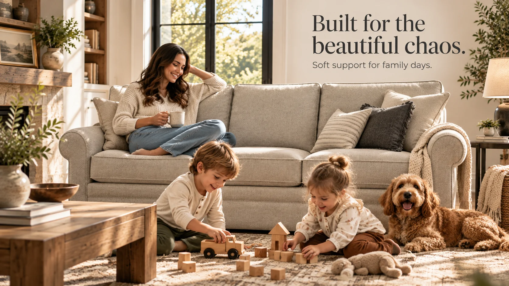 Campaign banner: mother with coffee watching children play on the Collins sofa — "Built for the beautiful chaos. Soft support for family days."