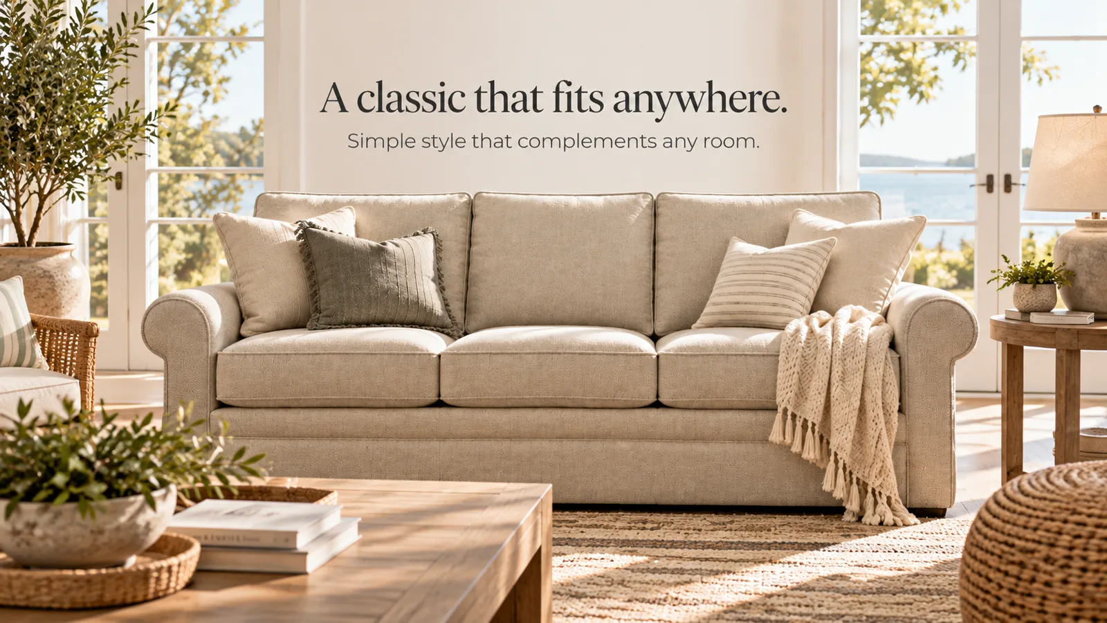 Campaign banner: Collins sofa in a sunroom — "A classic that fits anywhere. Simple style that complements any room."