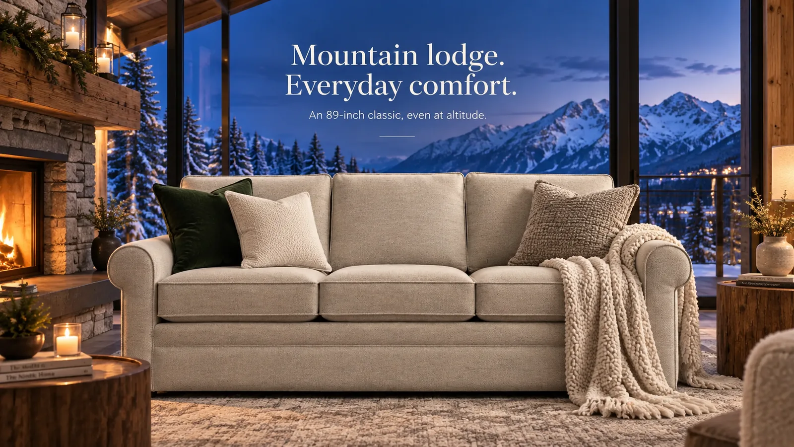 Campaign banner: Collins sofa in a mountain lodge by a fire — "Mountain lodge. Everyday comfort."