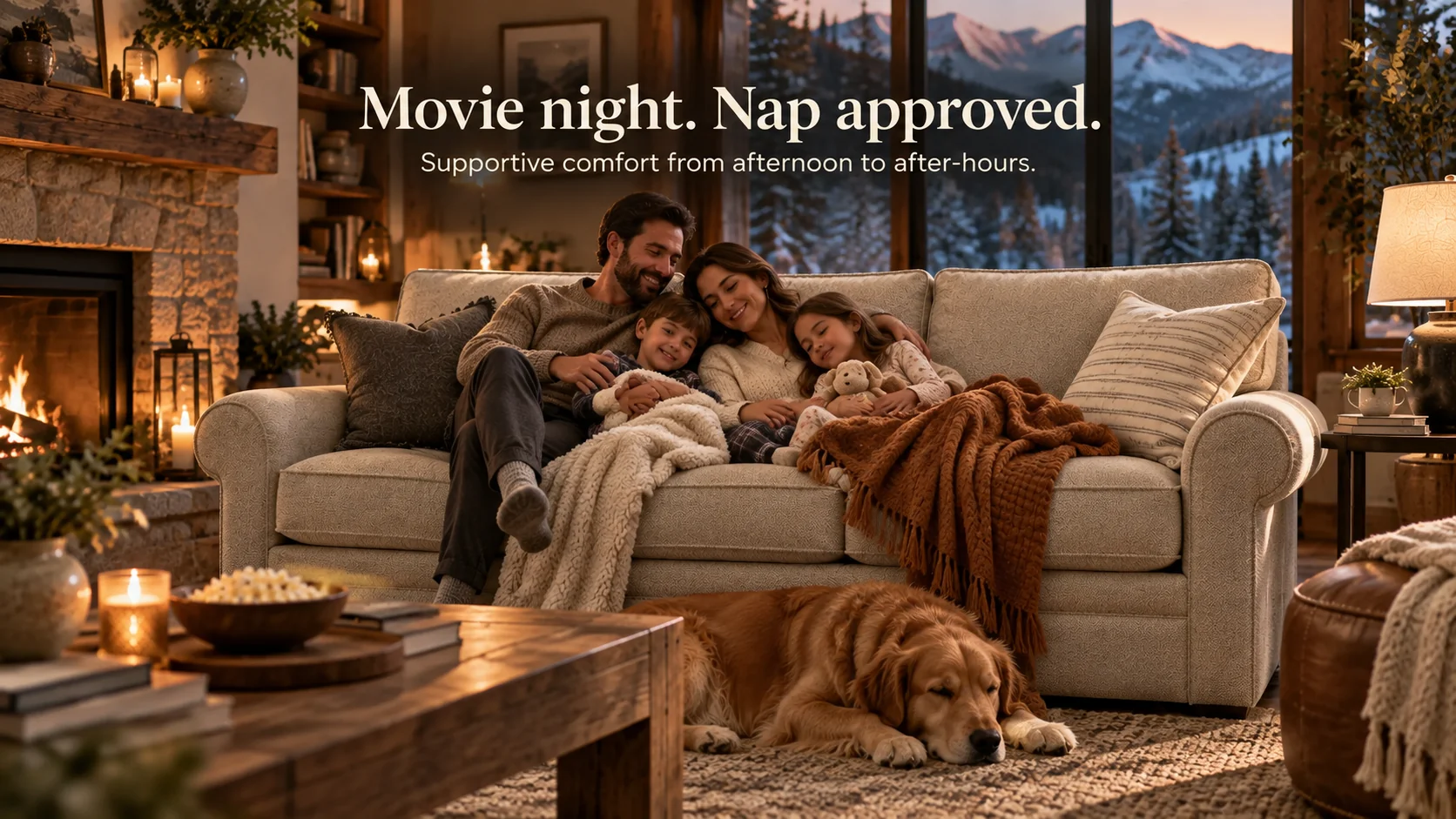 Campaign banner: family cuddled on the Collins sofa by a fireplace at dusk — "Movie night. Nap approved. Supportive comfort from afternoon to after-hours."