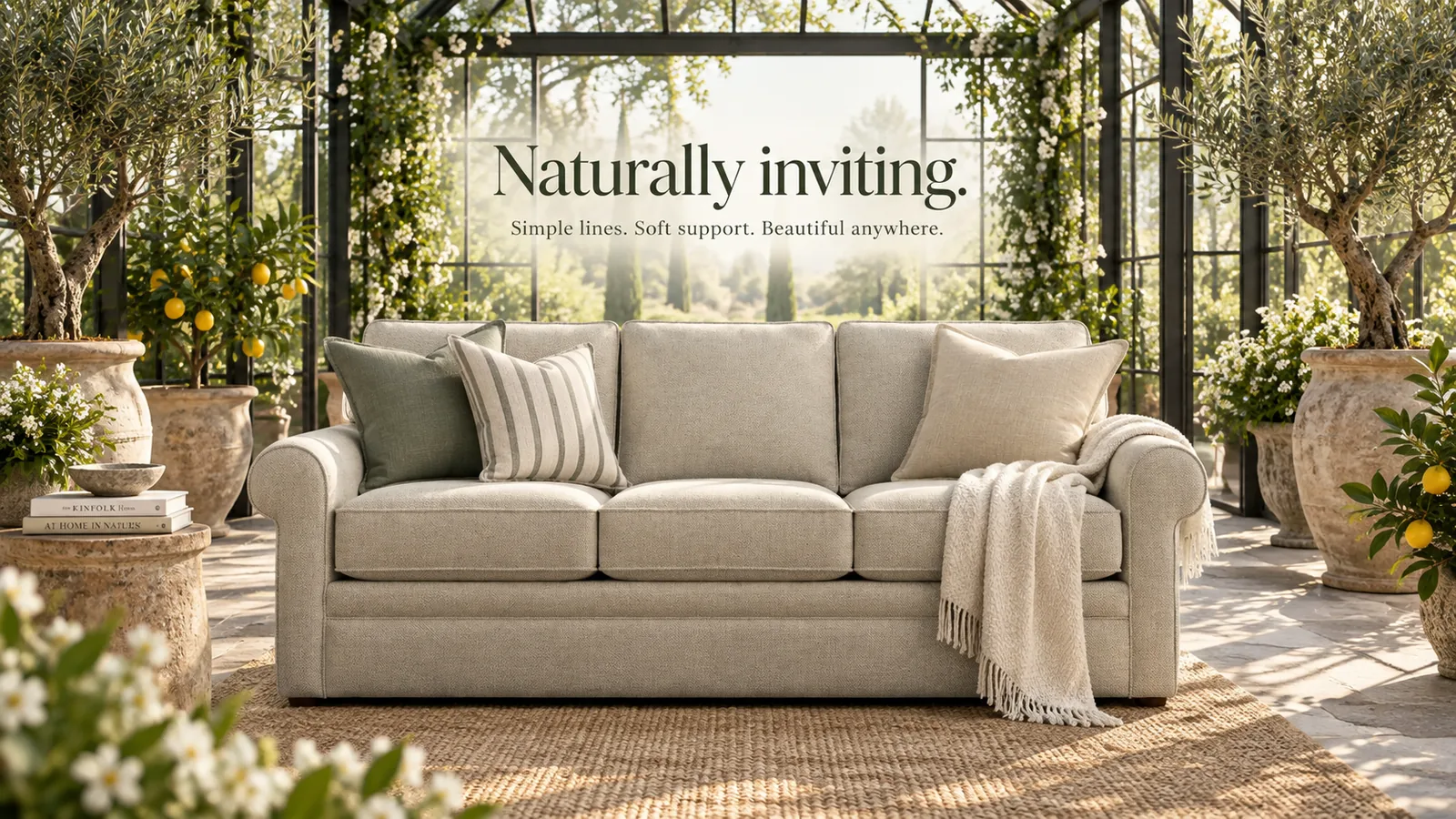 Campaign banner: Collins sofa in a sunlit greenhouse with olive trees — "Naturally inviting. Simple lines. Soft support."