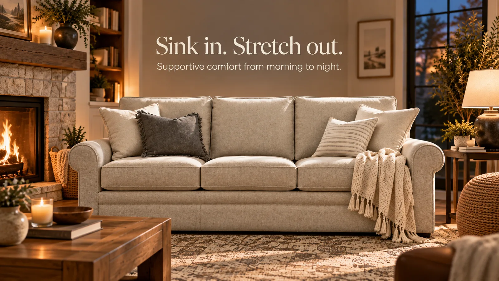 Campaign banner: Collins sofa by a fireplace at dusk — "Sink in. Stretch out. Supportive comfort from morning to night."
