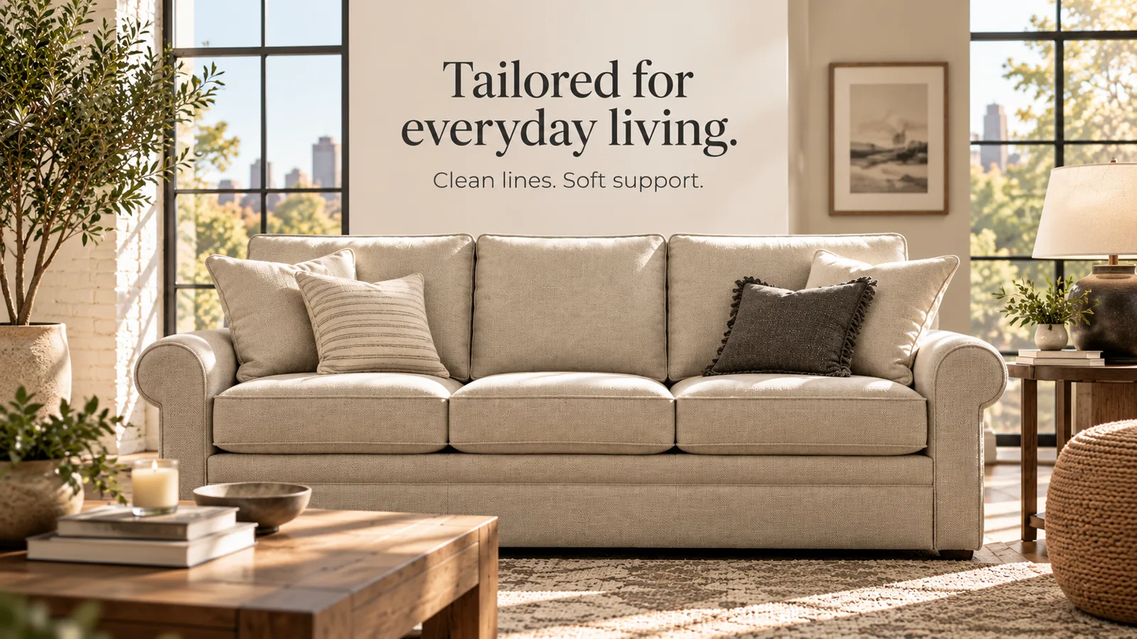 Campaign banner: Collins sofa in a loft — "Tailored for everyday living. Clean lines. Soft support."