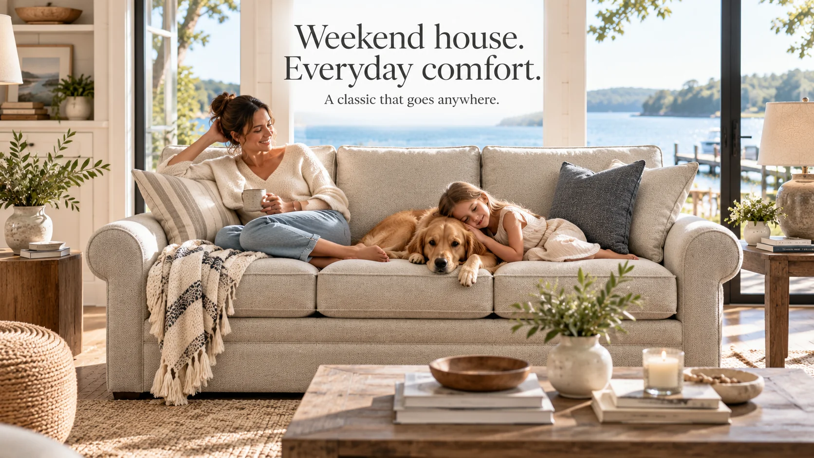 Campaign banner: woman and child with a golden retriever on the Collins sofa by the water — "Weekend house. Everyday comfort. A classic that goes anywhere."
