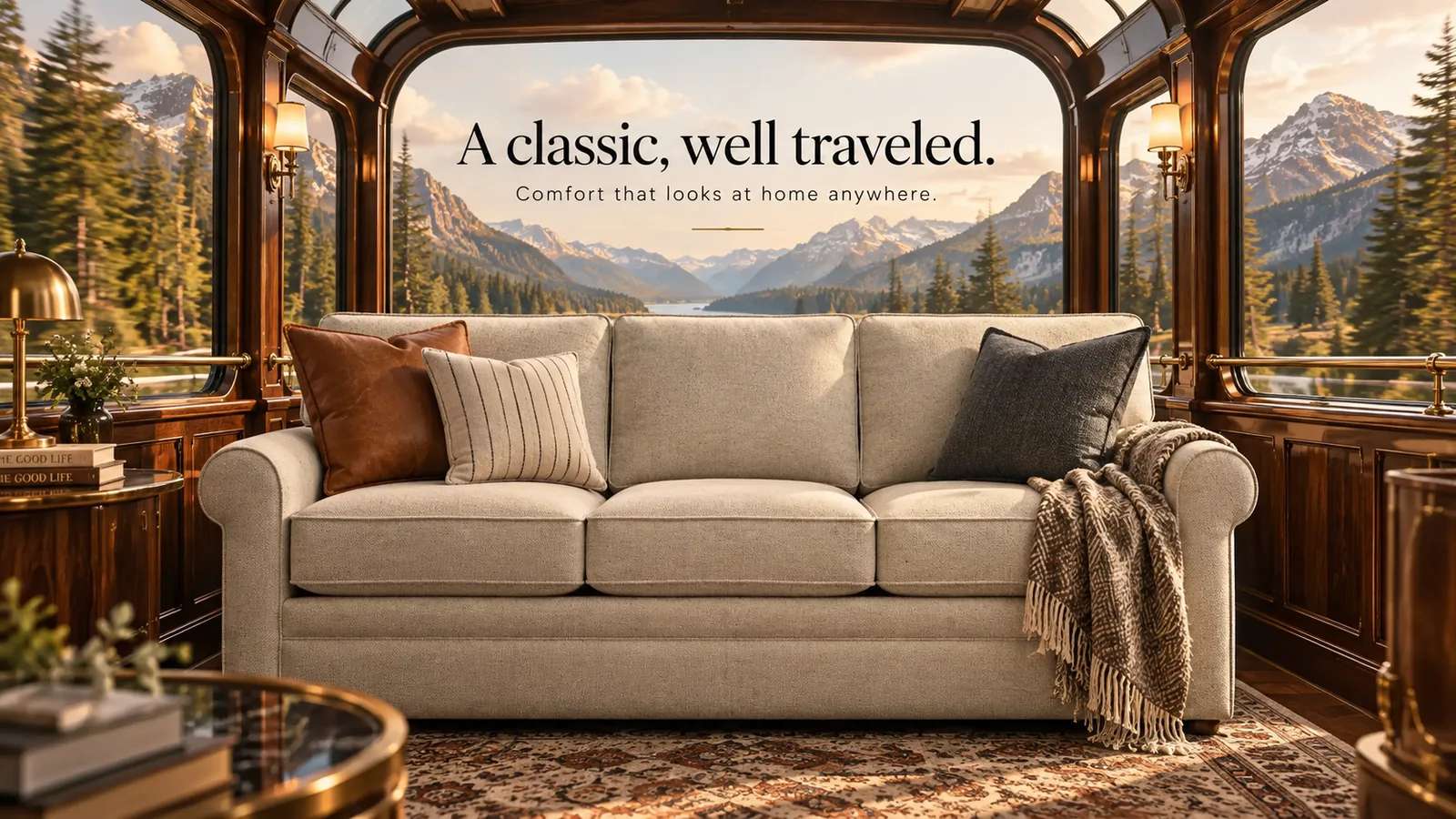 Campaign banner: Collins sofa in a vintage rail car with mountain views — "A classic, well traveled."